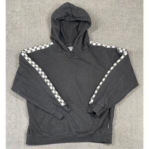 Checkerboard Sleeve Hoodie Girls L Juniors Black Cropped Pullover Streetwear